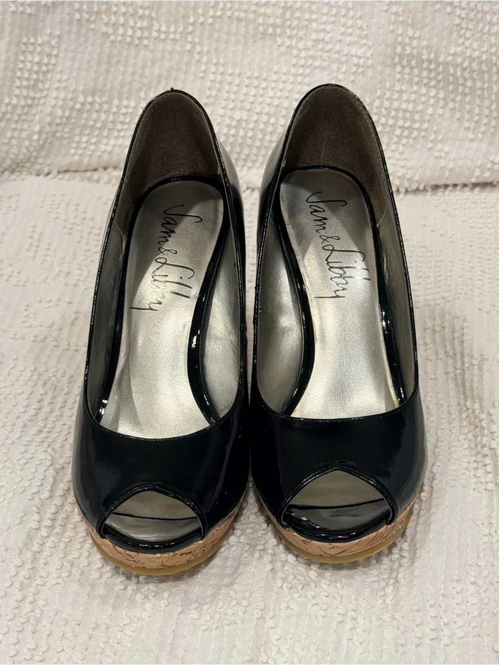 Sam & Libby Black Patent Cork Wedge Peep Toe Pumps - Picture 4 of 8